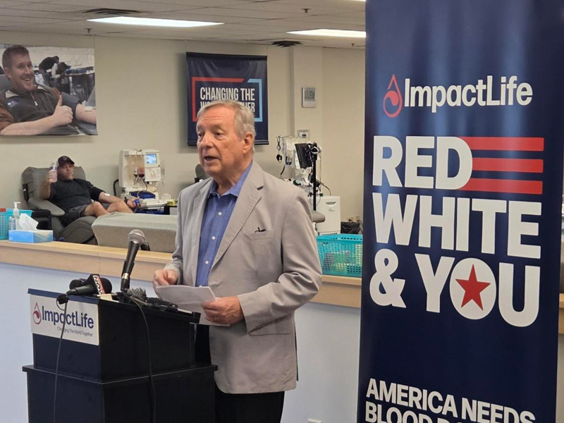 U.S. Senator Dick Durbin speaks with media at our Springfield donor center on Monday